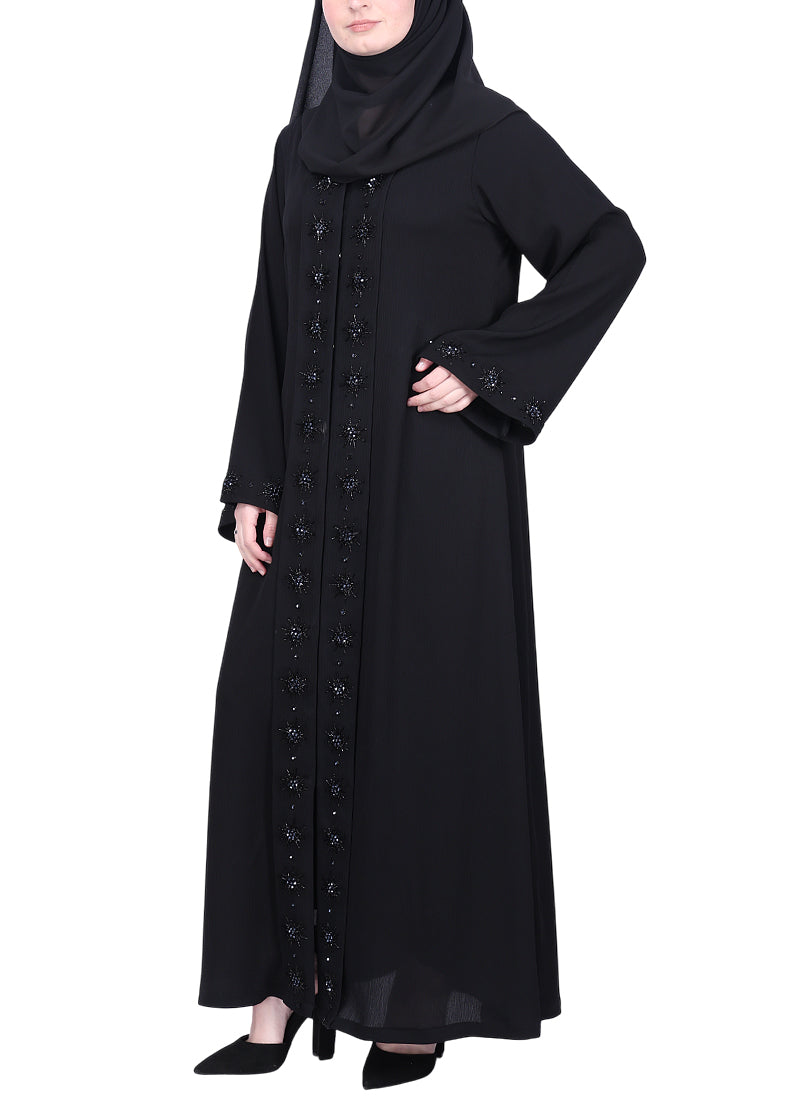 BeingMuslims Black Luxury Abaya with Rich Floral Beadwork Embroidery