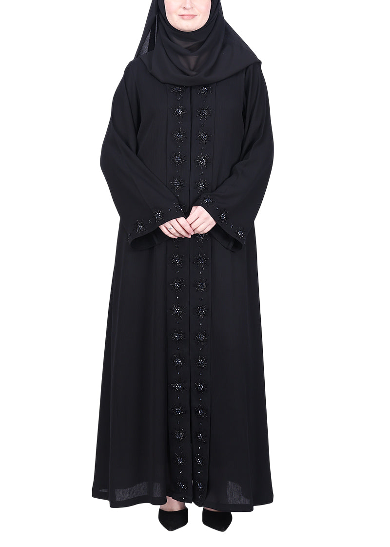 BeingMuslims Black Luxury Abaya with Rich Floral Beadwork Embroidery