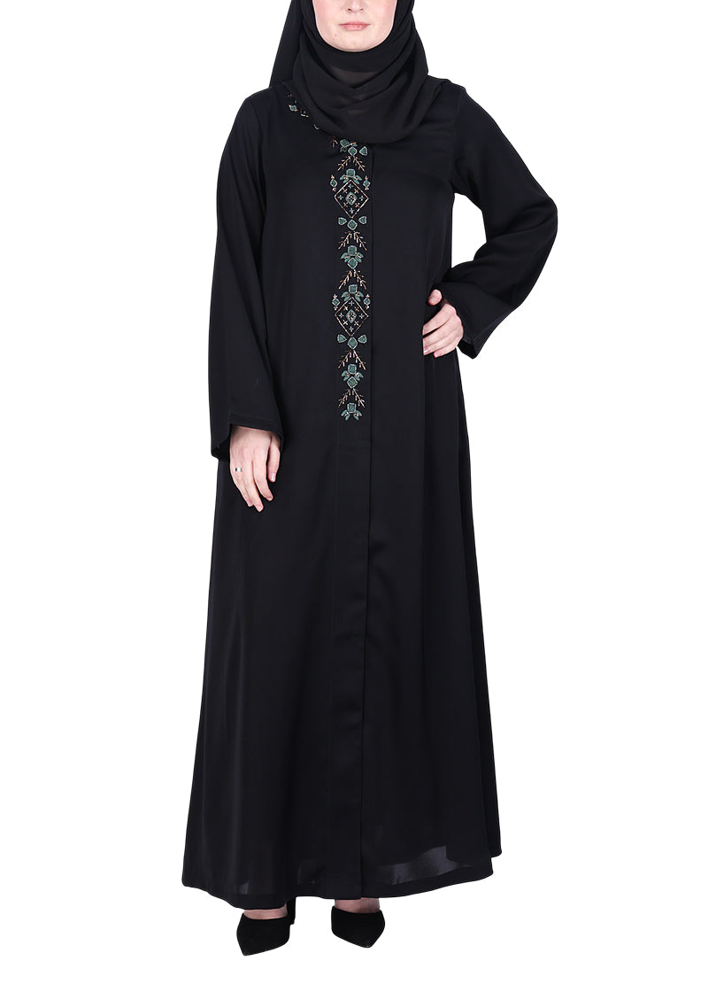BeingMuslims Black Luxury Abaya with Muted Jewel Tone Embroidery