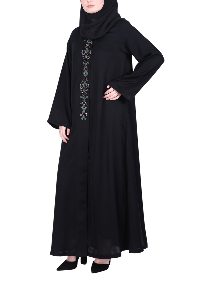 BeingMuslims Black Luxury Abaya with Muted Jewel Tone Embroidery