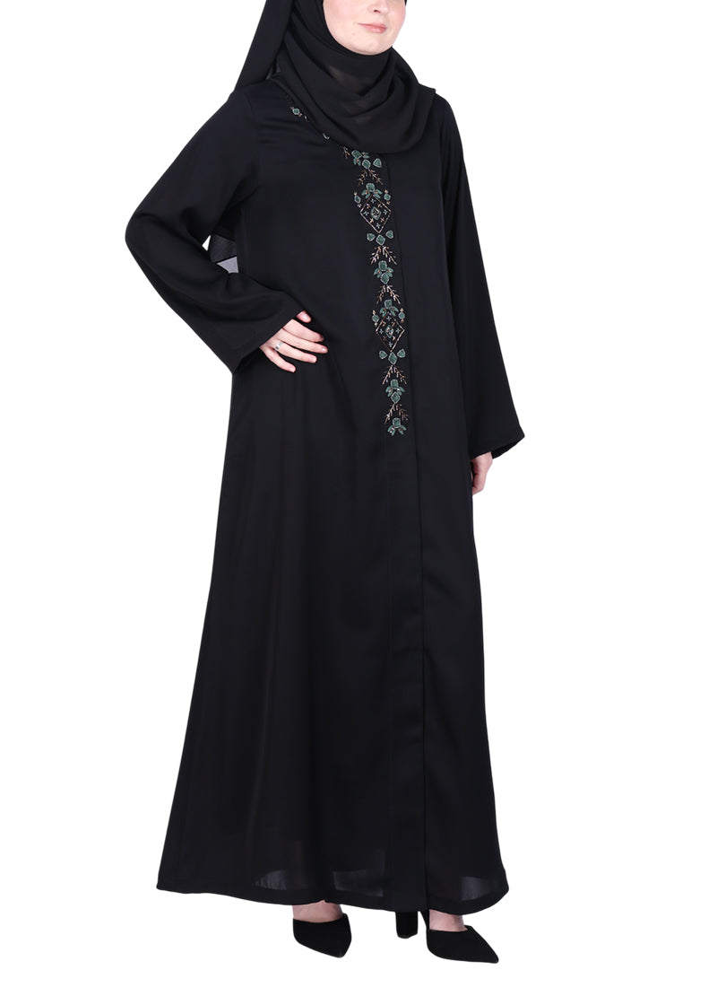 BeingMuslims Black Luxury Abaya with Muted Jewel Tone Embroidery