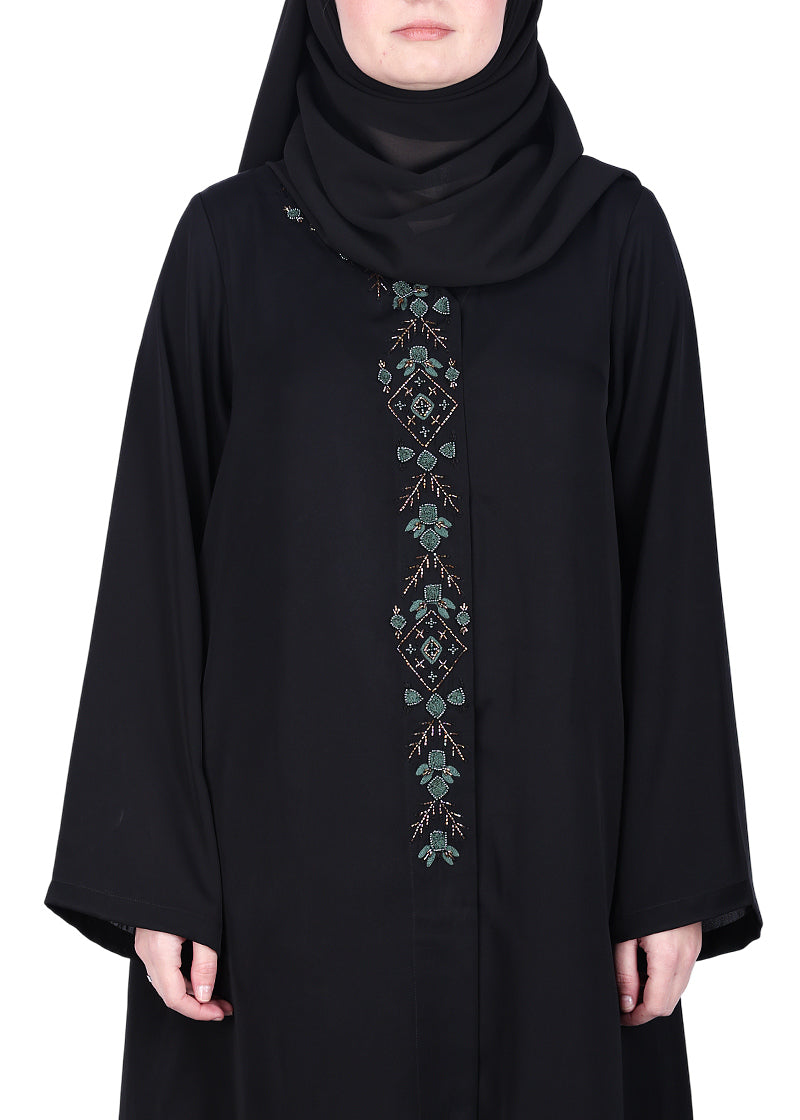 BeingMuslims Black Luxury Abaya with Muted Jewel Tone Embroidery