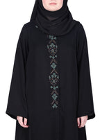 BeingMuslims Black Luxury Abaya with Muted Jewel Tone Embroidery