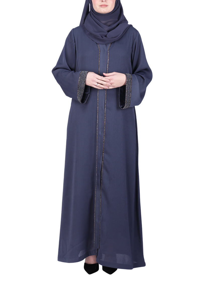 BeingMuslims Navy Blue Luxury Abaya with Subtle Handwork of Timeless Detailing.