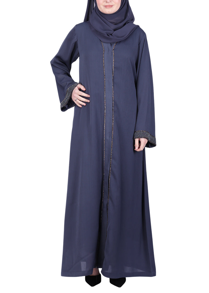 BeingMuslims Navy Blue Luxury Abaya with Subtle Handwork of Timeless Detailing.