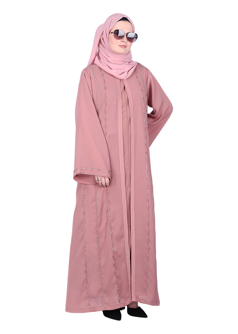 BeingMuslims Dusty Pink Sophisticated Abaya with Vertical Embroidery Panels both Front and Back