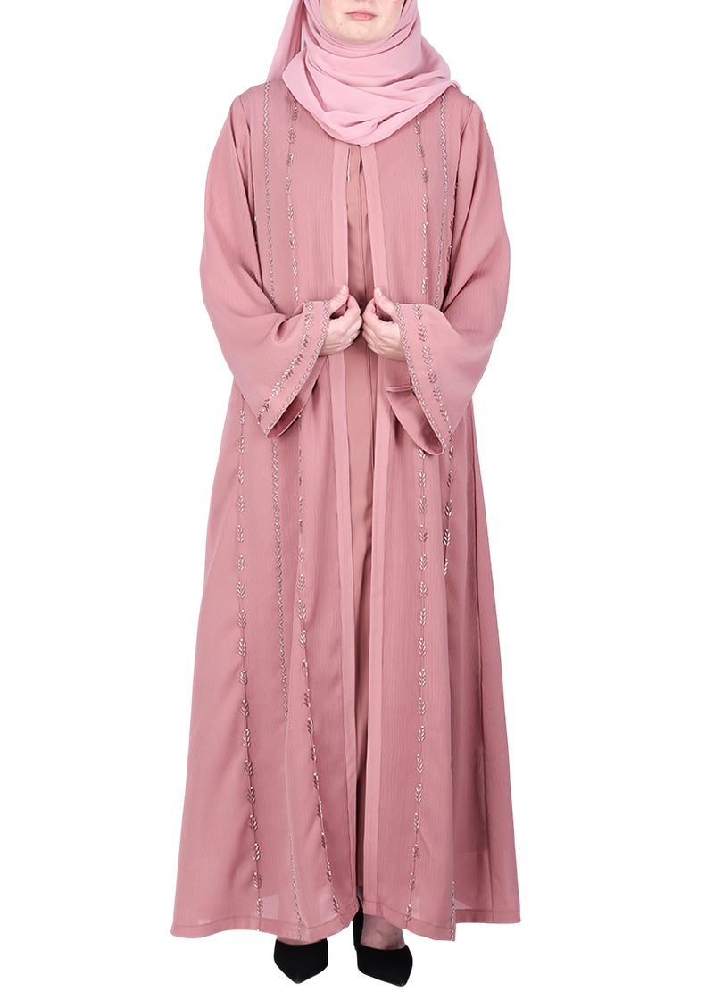 BeingMuslims Dusty Pink Sophisticated Abaya with Vertical Embroidery Panels both Front and Back