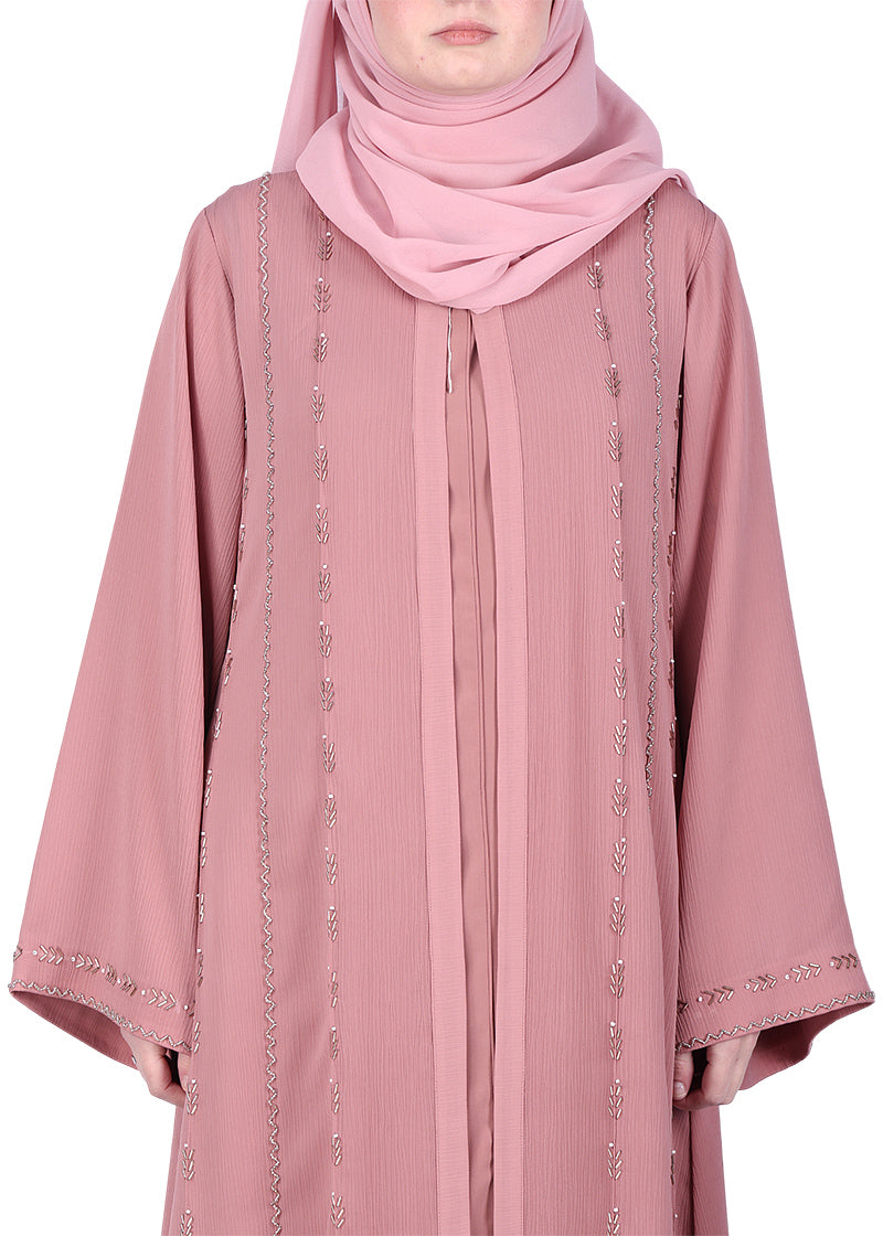 BeingMuslims Dusty Pink Sophisticated Abaya with Vertical Embroidery Panels both Front and Back