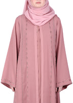 BeingMuslims Dusty Pink Sophisticated Abaya with Vertical Embroidery Panels both Front and Back