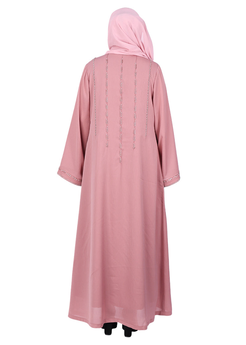 BeingMuslims Dusty Pink Sophisticated Abaya with Vertical Embroidery Panels both Front and Back