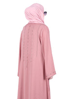 BeingMuslims Dusty Pink Sophisticated Abaya with Vertical Embroidery Panels both Front and Back
