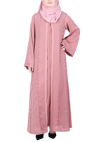 BeingMuslims Dusty Pink Sophisticated Abaya with Vertical Embroidery Panels both Front and Back