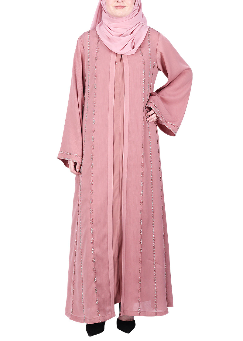 BeingMuslims Dusty Pink Sophisticated Abaya with Vertical Embroidery Panels both Front and Back