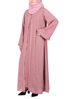 BeingMuslims Dusty Pink Sophisticated Abaya with Vertical Embroidery Panels both Front and Back