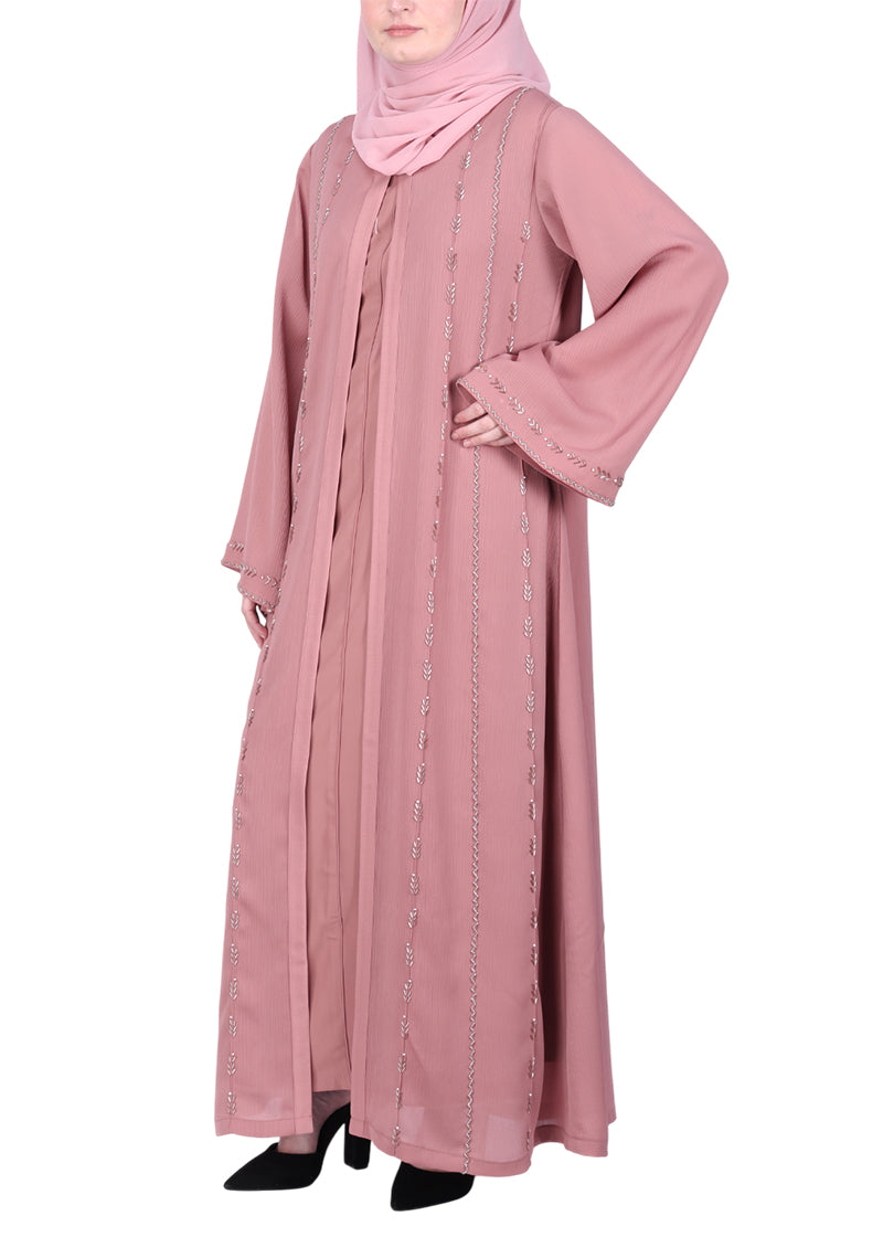 BeingMuslims Dusty Pink Sophisticated Abaya with Vertical Embroidery Panels both Front and Back