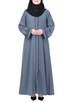 BeingMuslims Grey Opulent Abaya with Delicate Embroidered Sleeve Cuffs.