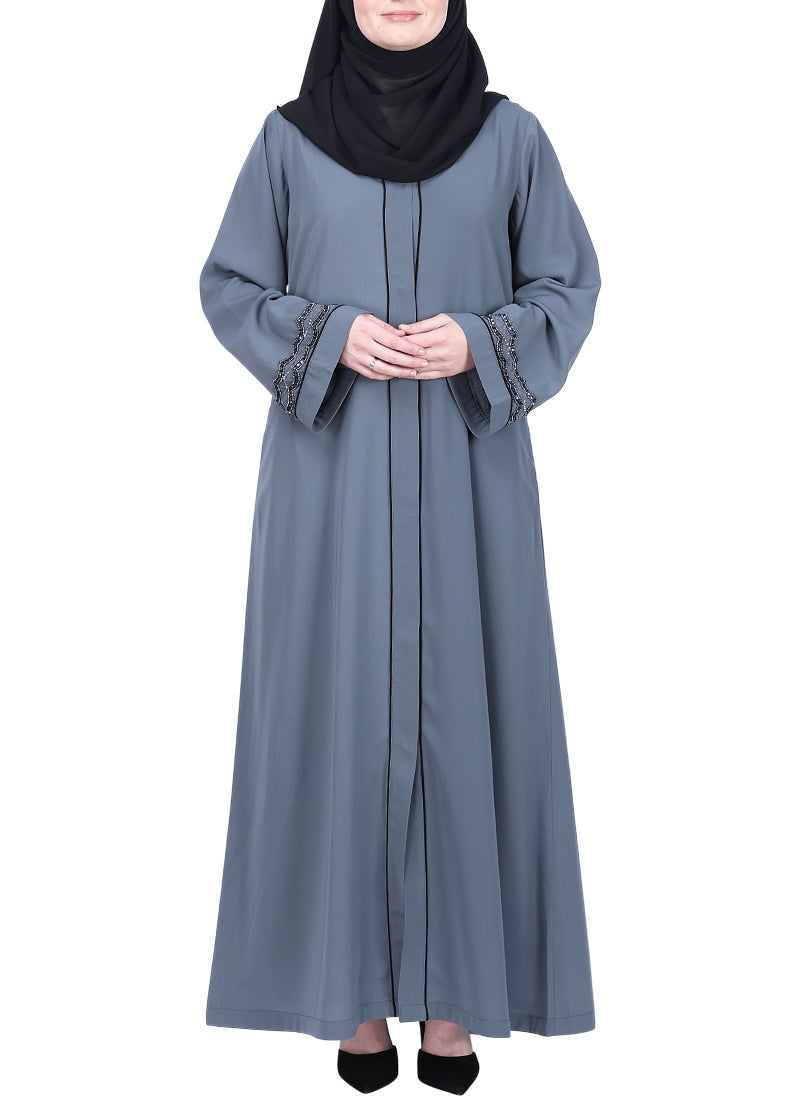 BeingMuslims Grey Opulent Abaya with Delicate Embroidered Sleeve Cuffs.