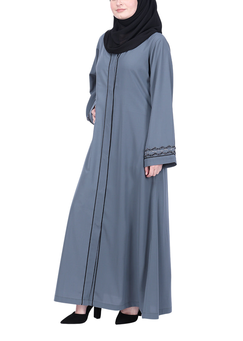 BeingMuslims Grey Opulent Abaya with Delicate Embroidered Sleeve Cuffs.