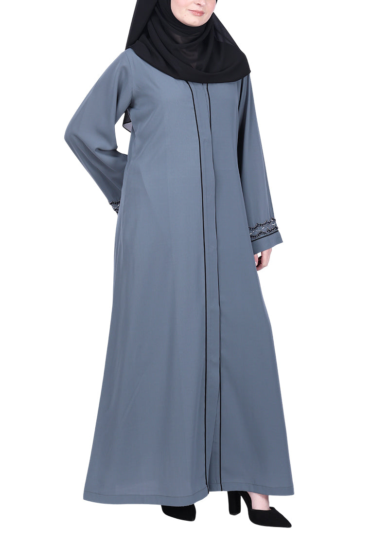 BeingMuslims Grey Opulent Abaya with Delicate Embroidered Sleeve Cuffs.
