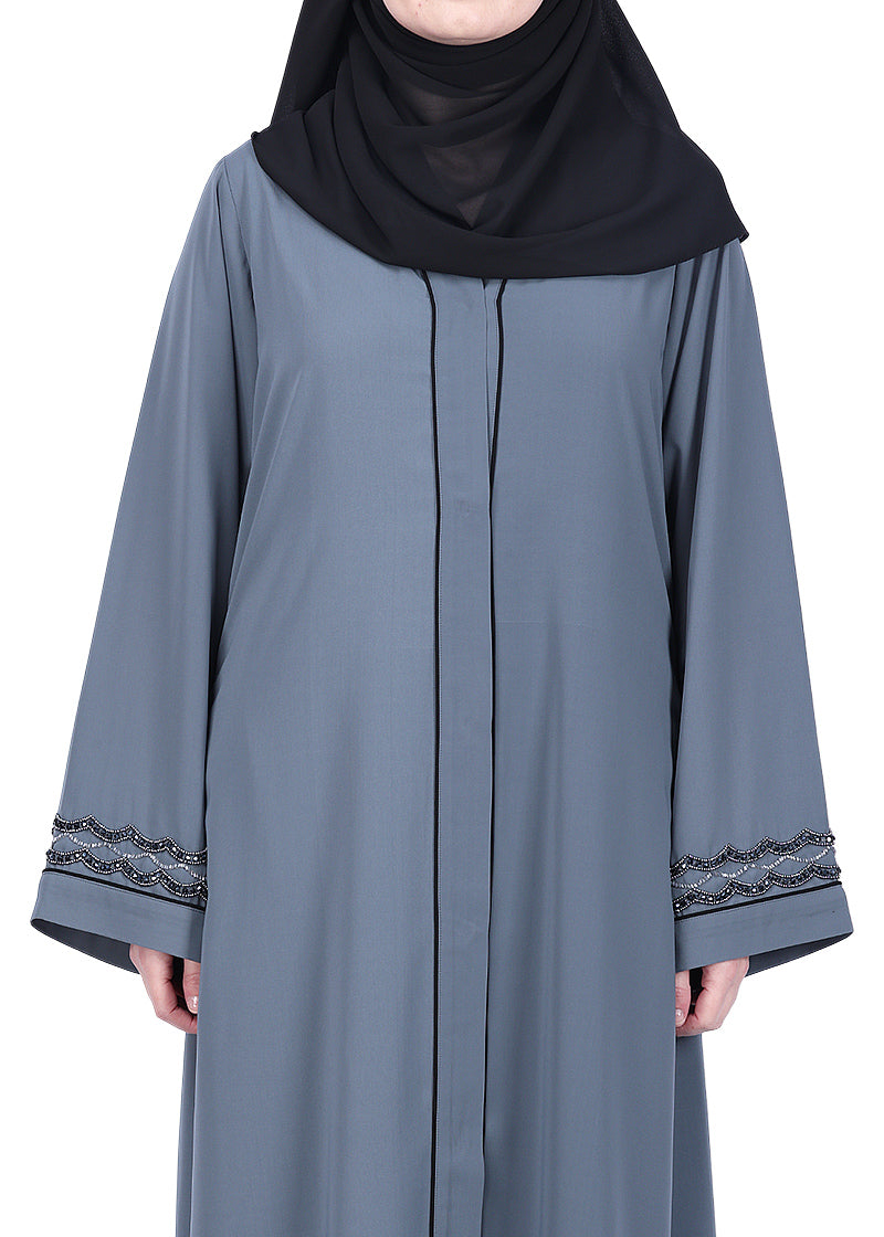 BeingMuslims Grey Opulent Abaya with Delicate Embroidered Sleeve Cuffs.