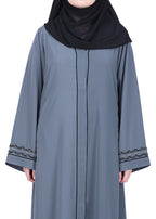 BeingMuslims Grey Opulent Abaya with Delicate Embroidered Sleeve Cuffs.