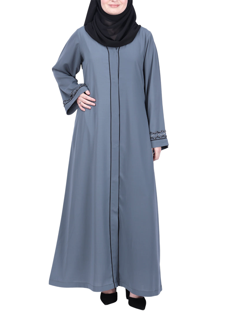 BeingMuslims Grey Opulent Abaya with Delicate Embroidered Sleeve Cuffs.