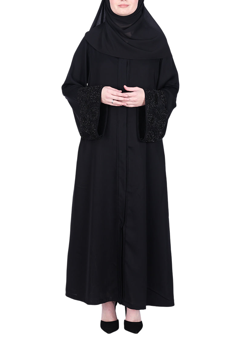 BeingMuslims Abaya with Rich Black on Black Embroidery on Sleeves