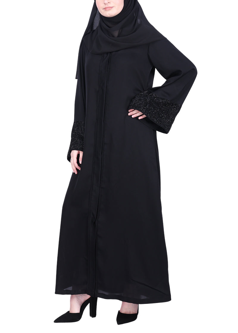 BeingMuslims Abaya with Rich Black on Black Embroidery on Sleeves