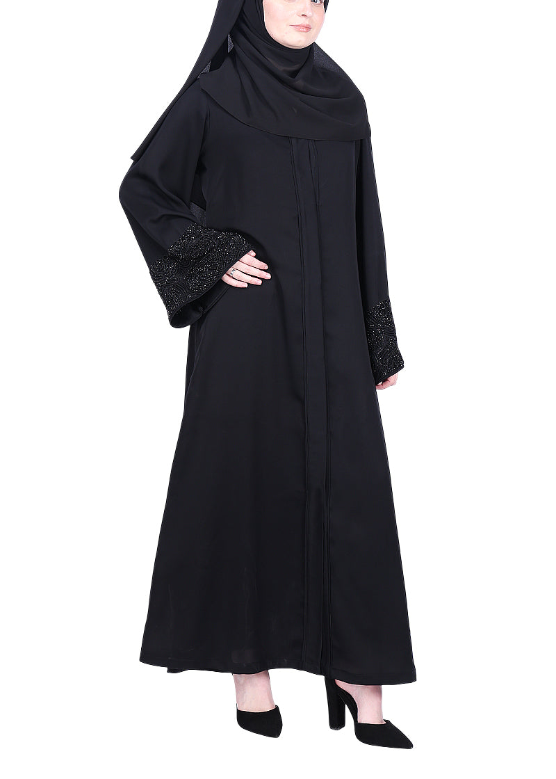 BeingMuslims Abaya with Rich Black on Black Embroidery on Sleeves