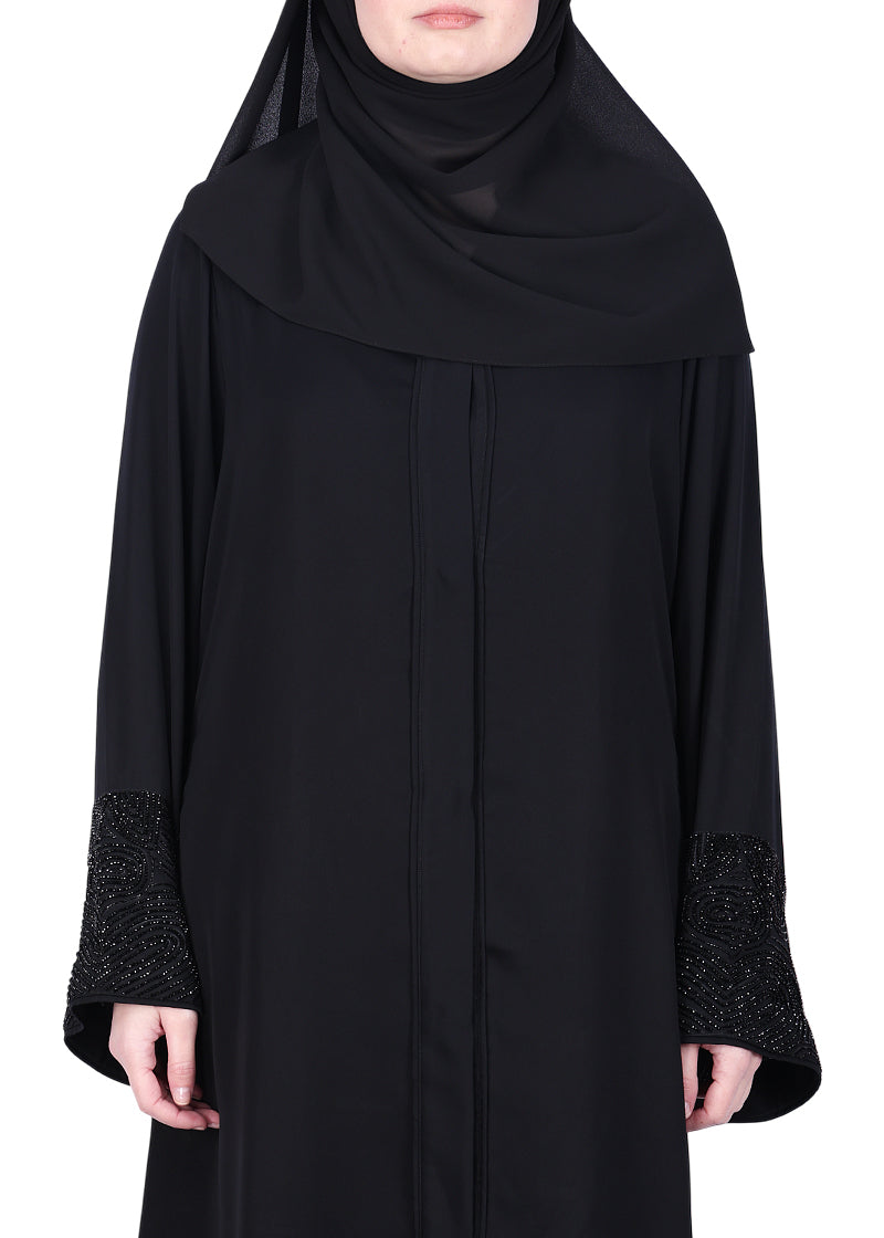 BeingMuslims Abaya with Rich Black on Black Embroidery on Sleeves