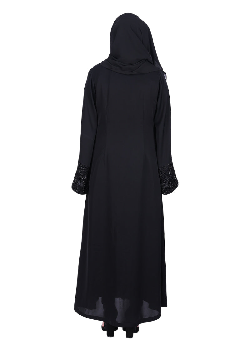 BeingMuslims Abaya with Rich Black on Black Embroidery on Sleeves