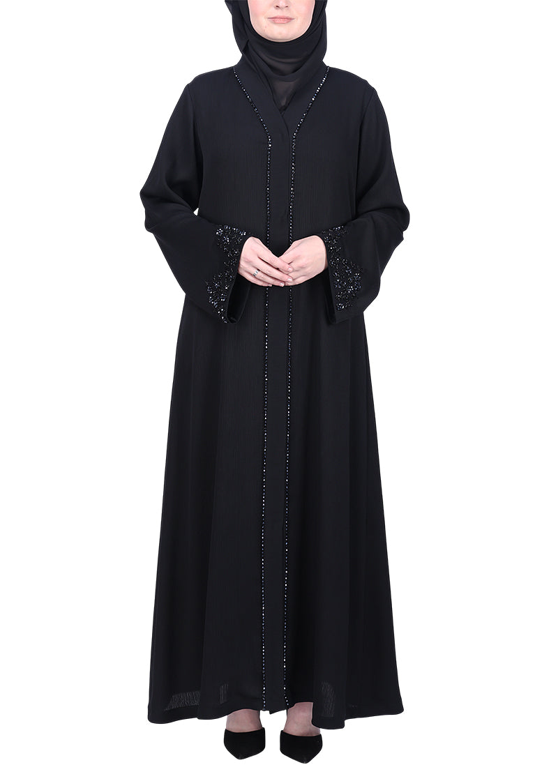 BeingMuslims Black Abaya with Glittering Crystal Embroidery on Front Panel and Sleeves
