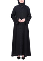 BeingMuslims Black Abaya with Glittering Crystal Embroidery on Front Panel and Sleeves