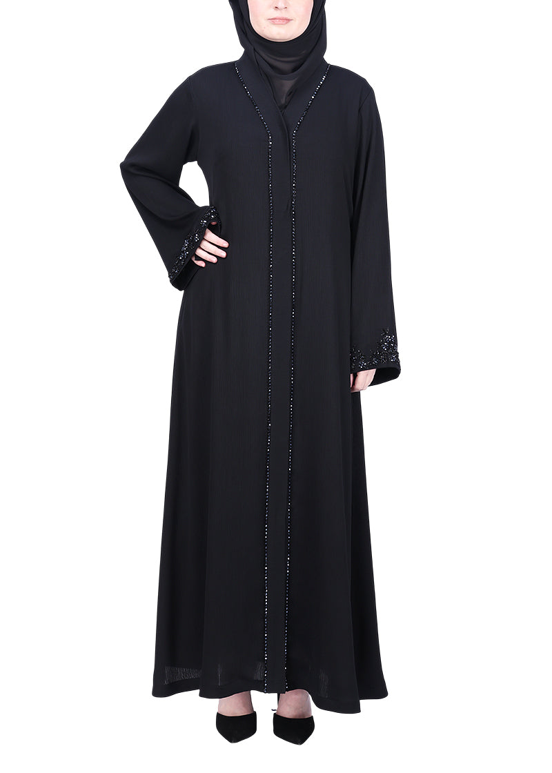 BeingMuslims Black Abaya with Glittering Crystal Embroidery on Front Panel and Sleeves