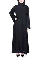 BeingMuslims Black Abaya with Glittering Crystal Embroidery on Front Panel and Sleeves