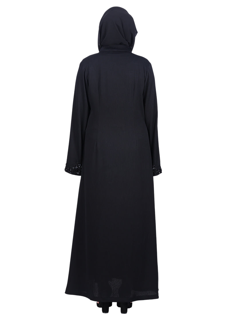 BeingMuslims Black Abaya with Glittering Crystal Embroidery on Front Panel and Sleeves