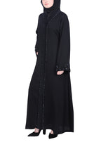 BeingMuslims Black Abaya with Glittering Crystal Embroidery on Front Panel and Sleeves