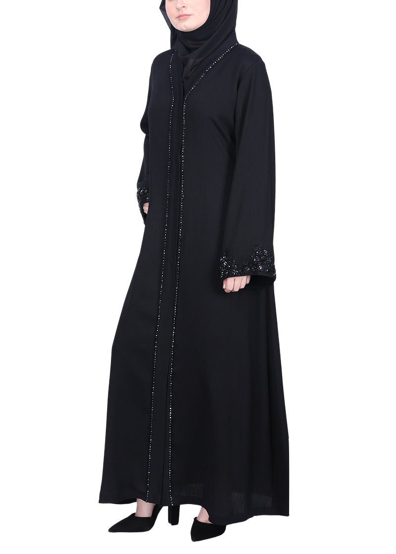 BeingMuslims Black Abaya with Glittering Crystal Embroidery on Front Panel and Sleeves