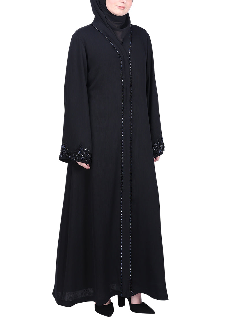 BeingMuslims Black Abaya with Glittering Crystal Embroidery on Front Panel and Sleeves