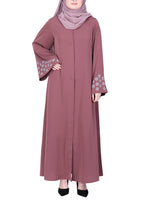 BeingMuslims Muted Onion Pink Abaya with Delicate Sleeve Embroidery
