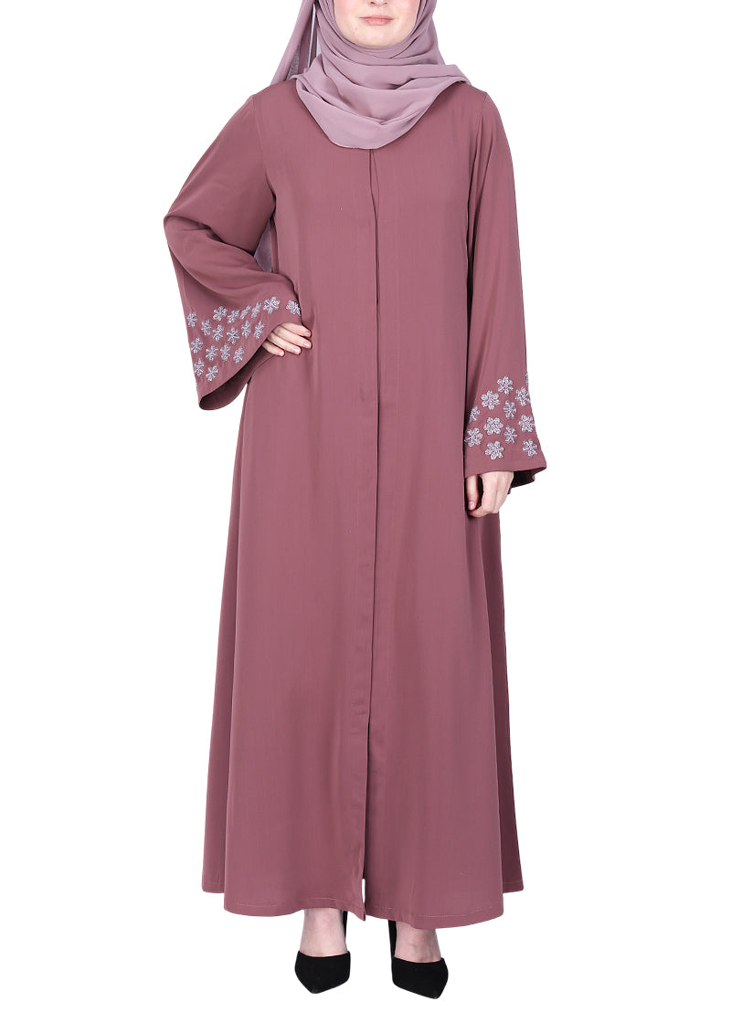 BeingMuslims Muted Onion Pink Abaya with Delicate Sleeve Embroidery