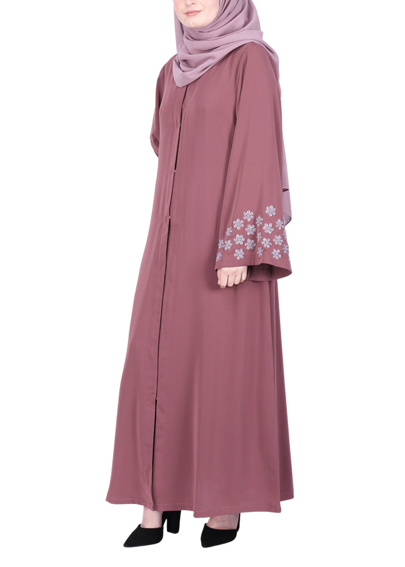 BeingMuslims Muted Onion Pink Abaya with Delicate Sleeve Embroidery