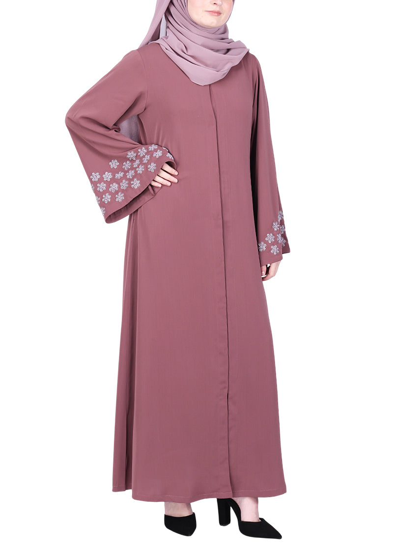 BeingMuslims Muted Onion Pink Abaya with Delicate Sleeve Embroidery