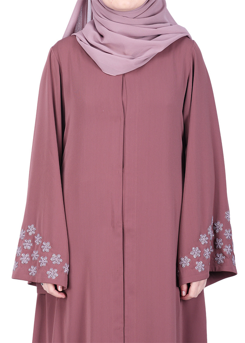 BeingMuslims Muted Onion Pink Abaya with Delicate Sleeve Embroidery