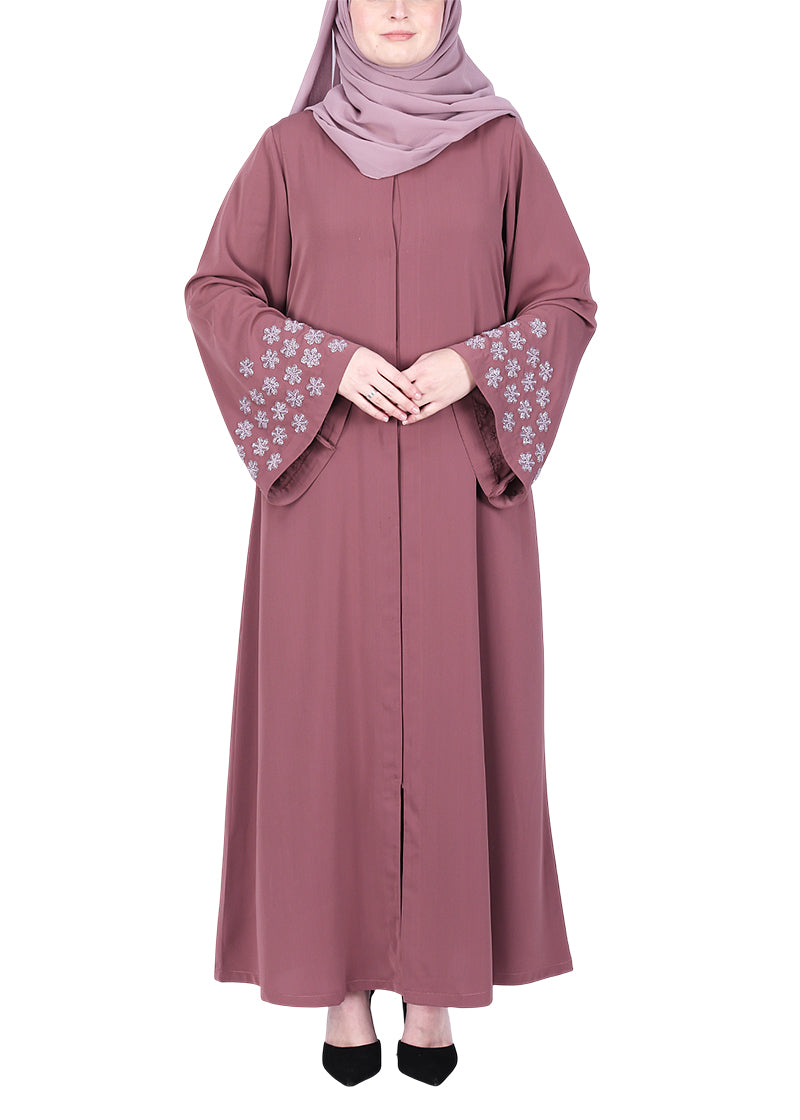 BeingMuslims Muted Onion Pink Abaya with Delicate Sleeve Embroidery