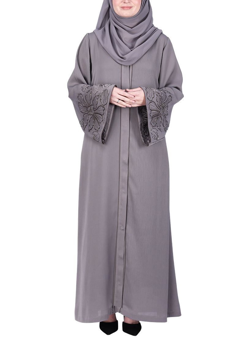 BeingMuslims Grey Abaya Delicate Beads Embroidery in Large Floral Motifs