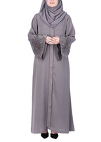 BeingMuslims Grey Abaya Delicate Beads Embroidery in Large Floral Motifs