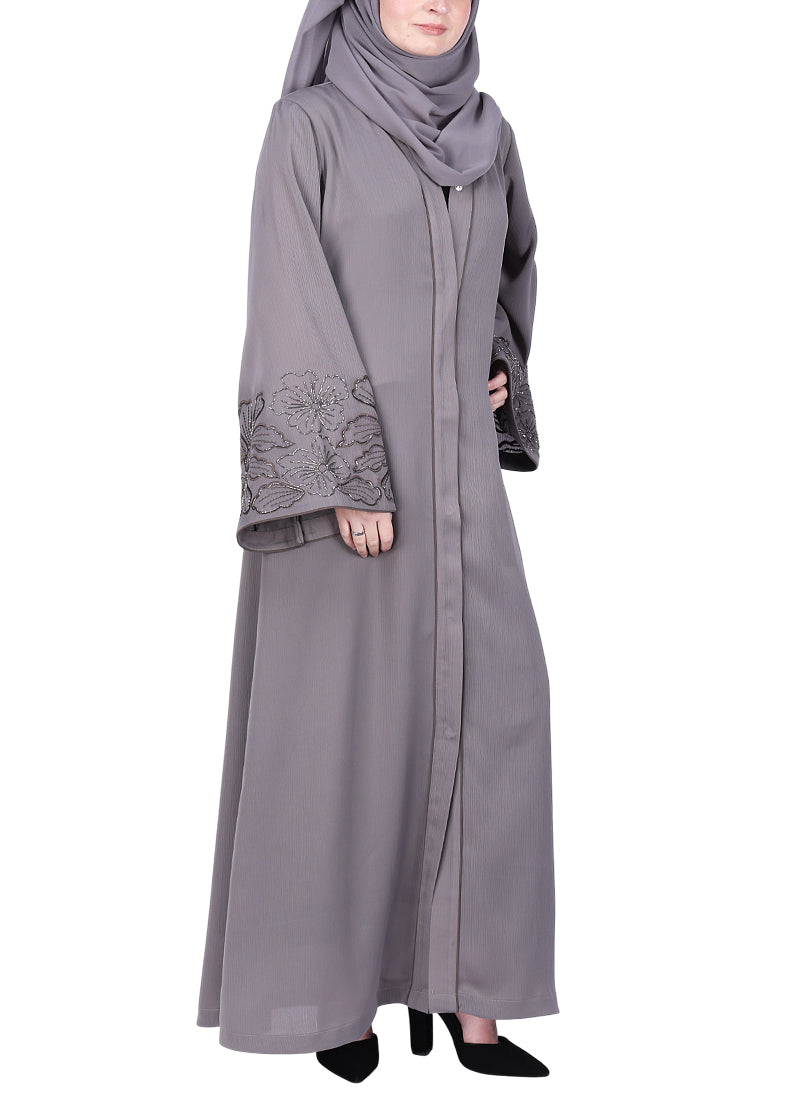 BeingMuslims Grey Abaya Delicate Beads Embroidery in Large Floral Motifs