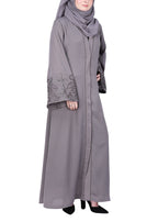 BeingMuslims Grey Abaya Delicate Beads Embroidery in Large Floral Motifs