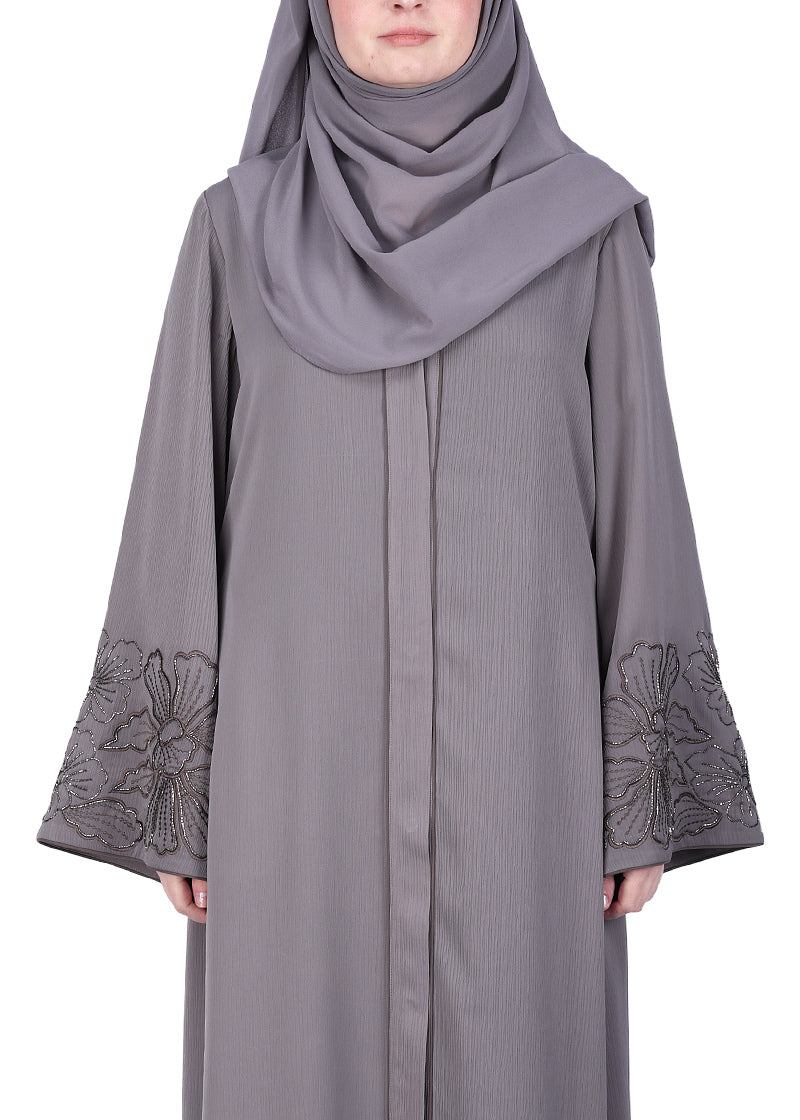 BeingMuslims Grey Abaya Delicate Beads Embroidery in Large Floral Motifs